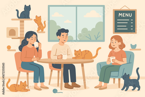 Couples enjoy drinks while surrounded by playful cats in a cozy cafe during a sunny afternoon