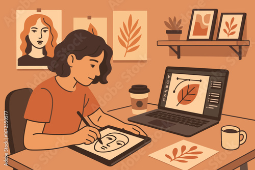 Creative individual drawing on tablet while surrounded by art inspirations in cozy workspace during afternoon