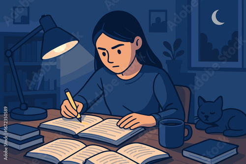 Student studies late at night in a cozy room illuminated by a desk lamp with a cat resting nearby