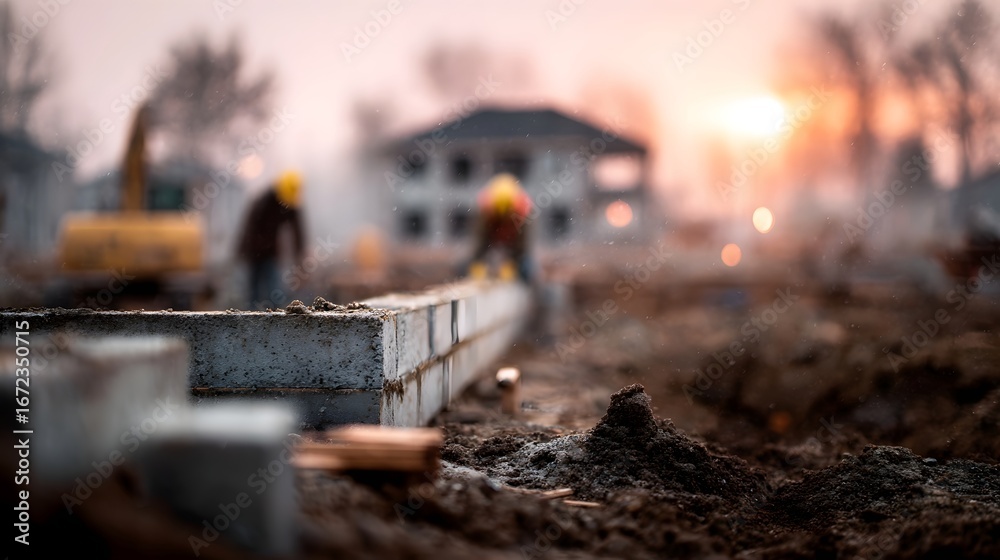 Naklejka premium Construction workers building new houses in a developing estate