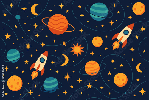 Colorful space adventure with rockets, planets, and stars in a vibrant galaxy setting
