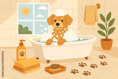 Happy golden retriever enjoying a bubble bath in a sunny bathroom with a large window and paw prints on the floor