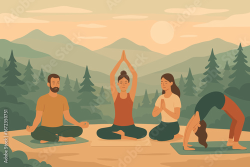 Group of individuals practicing yoga at sunset in a serene mountain setting