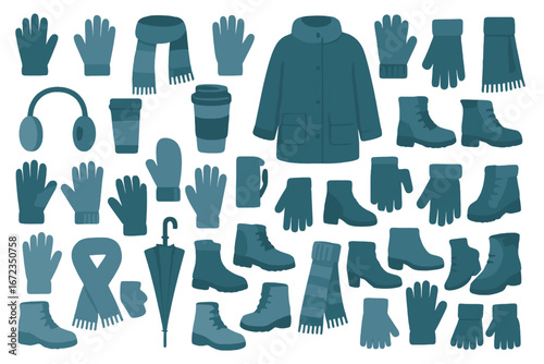 Diverse collection of winter clothing and accessories suitable for cold weather