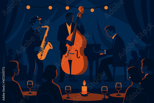 Atmospheric jazz club illustration with a trio of musicians—saxophonist, double bassist, and pianist—performing on stage under string lights, while an audience enjoys