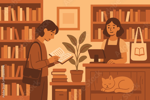 Young woman browses books while cat sleeps at library counter during warm afternoon