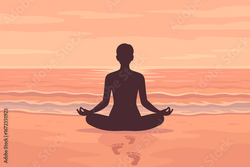 Serene illustration of a person meditating in lotus pose on the beach at sunset, facing the ocean with footprints in the sand and gentle waves under a pastel sky.