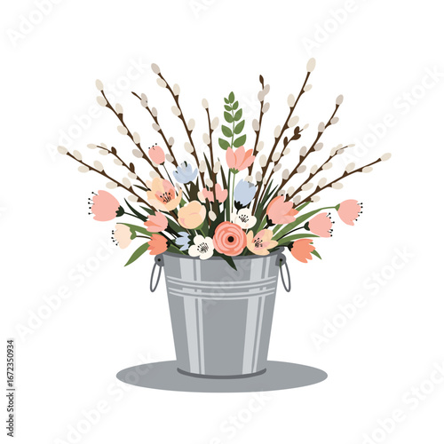 Spring floral arrangement in a galvanized pail