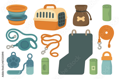 Pet travel and walking gear illustration on warm and cool gradient background, featuring collapsible bowls, pet carrier, treat bags, waste bags