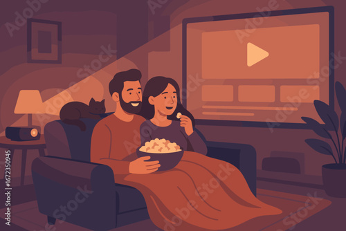 Cozy evening at home with movie night, popcorn, and a cat on the couch