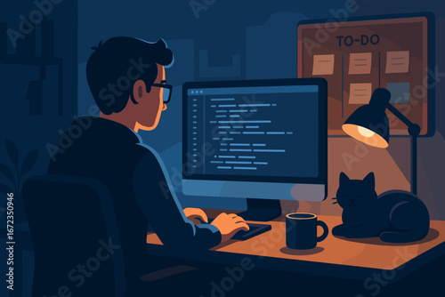 Cozy nighttime home office with programmer coding at computer, to-do board, coffee mug, desk lamp, sleeping cat, bookshelves, and plant in warm and cool lighting