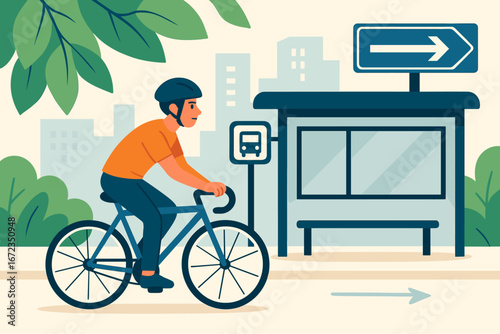 Cyclist observes a bus stop in an urban park while riding on a sunny afternoon