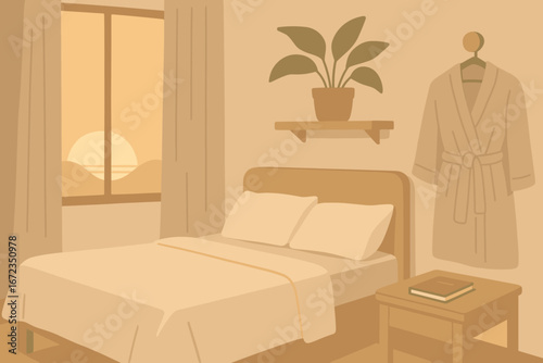 Cozy minimalist bedroom interior with soft lighting, robe, and sunrise view through window