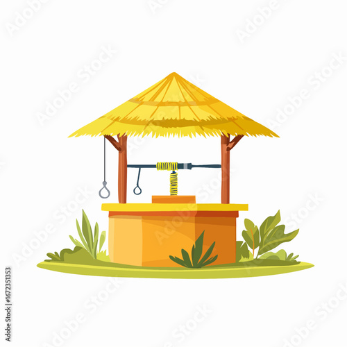 Charming cartoon illustration of a rustic water well with a thatched roof, set amidst lush green foliage and vibrant flora, evoking a sense of traditional rural life and simple living