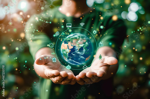 Hands holding digital glowing earth with data icons, symbolizing sustainability, eco technology, renewable energy, green innovation, and smart solutions for a better future.