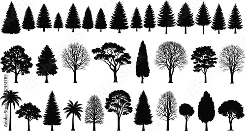 PrintBlack tree silhouettes vector collection featuring pine, palm, deciduous, cypress trees, ideal for nature designs and landscape illustrations.