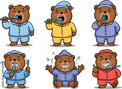 PrintCartoon bears in colorful pajamas brushing teeth with green toothbrushes, showing bedtime hygiene routine and sleepy expressions in playful children’s illustration style