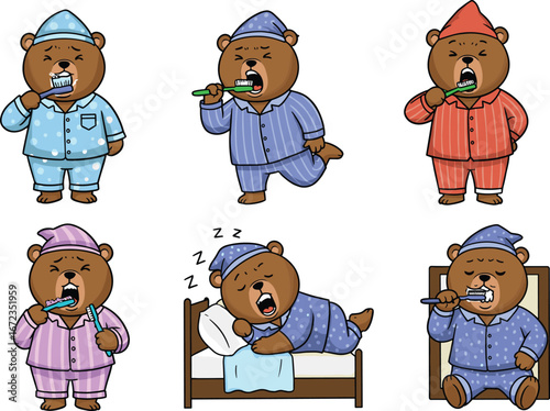 PrintCartoon bears in colorful pajamas brushing teeth and sleeping, showing bedtime hygiene routine, sleep preparation, and children’s nighttime habits in playful style