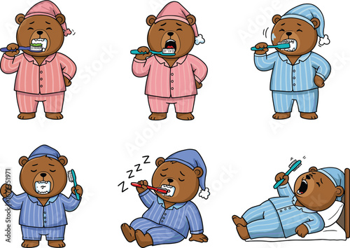 PrintCartoon bears in striped pajamas brushing teeth in playful bedtime routine, showing hygiene habits, sleepy expressions, and children’s nighttime preparation activities