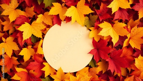 Fototapeta Naklejka Na Ścianę i Meble -  Blank oval frame surrounded by vibrant autumn maple leaves in fall colors