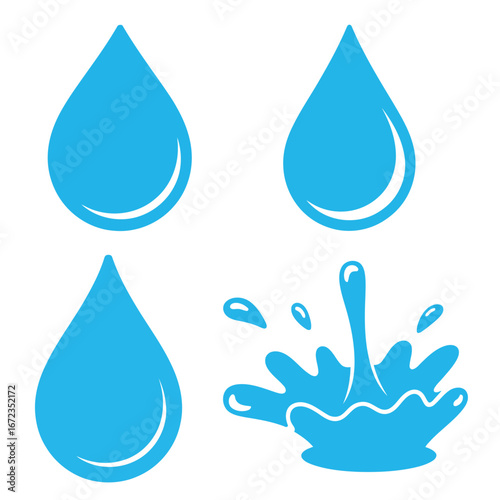 A minimalist collection of four distinct water drop designs in various clean and simple styles