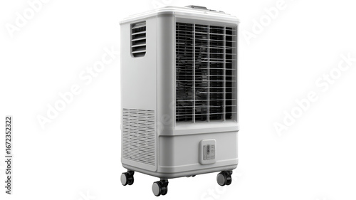 White portable air cooler on wheels