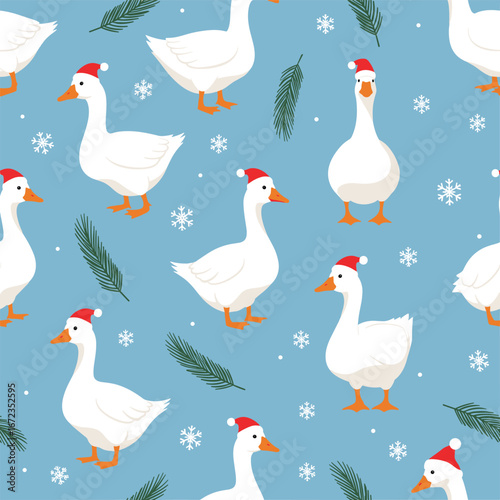 Cute winter geese wearing santa hats decorated with pine branches and snowflakes for festive holiday celebrations