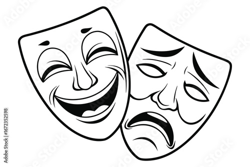 Simple line drawing featuring two classic theater masks representing comedy and tragedy in black and white