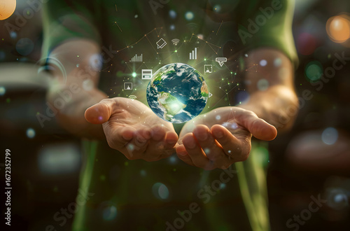 Hands holding digital glowing earth with data icons, symbolizing sustainability, eco technology, renewable energy, green innovation, and smart solutions for a better future.