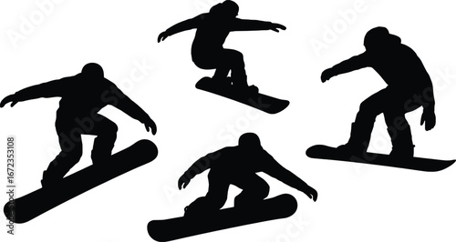 Dynamic snowboarder silhouettes in action capturing winter sports thrills and adventure