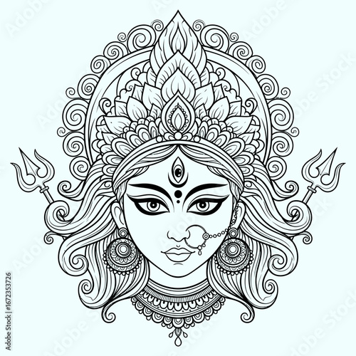 Beautiful line art of Goddess Durga for coloring book and tattoo design.
