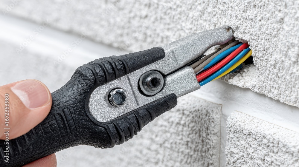 Obraz premium Hand Holding Wire Stripper Tool with Colorful Electrical Wires