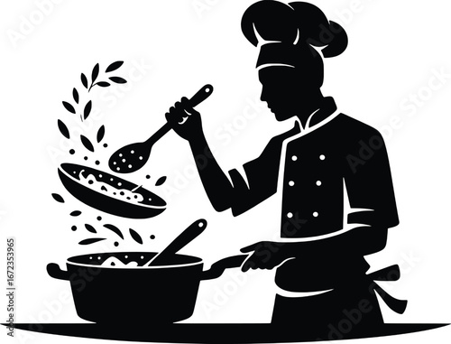 Skilled chef in silhouette masterfully cooking and stirring ingredients in a kitchen