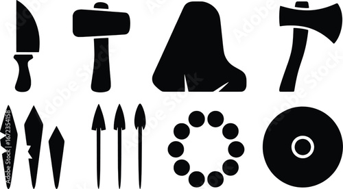 Ancient primitive tools and weapons set icons silhouette for survival history and crafting