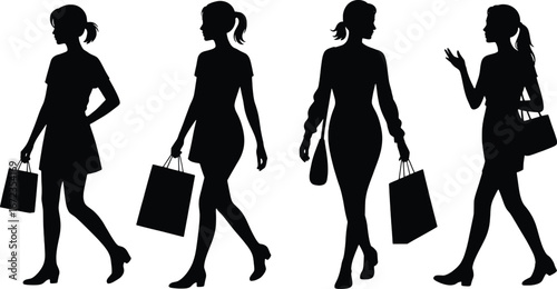 Four stylish women silhouettes with shopping bags enjoying a fashionable day out
