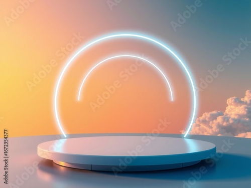 Modern product display stage with neon arch and warm gradient background