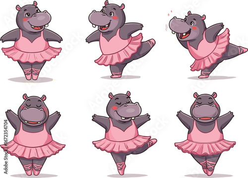 PrintCute cartoon hippo ballerinas dancing in pink tutus, funny animal ballet characters, vector illustration for kids, hippos performing classical dance poses