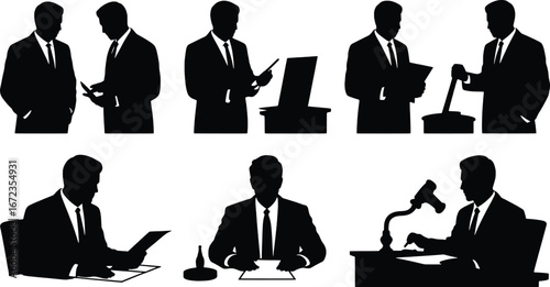 Silhouette business professionals in various office poses and activities representing success and corporate life
