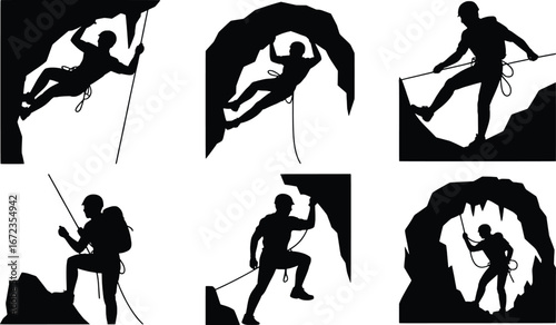 Dynamic silhouettes of rock climbers ascending rugged mountain peaks and caves in action