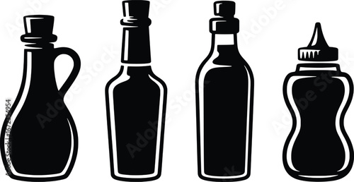 Collection of silhouette bottles for sauces oils vinegars and condiments isolated on white