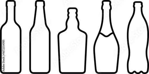 Collection of five outline bottles representing various beverage containers isolated on white