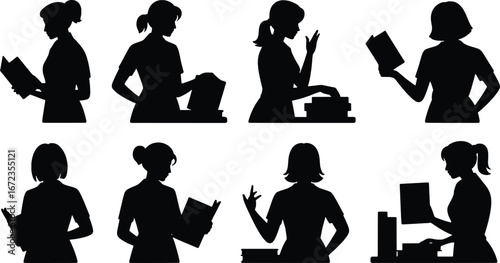 Silhouette collection of women engaged in reading and studying activities