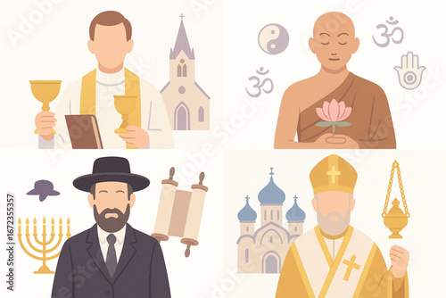 Flat Vector Editorial Panels of Religious Leaders in Minimal Pastel Style