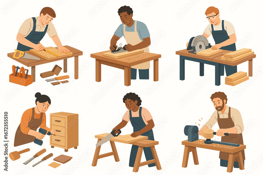 Fototapeta premium Flat Vector Illustration Set of Carpentry and Woodworking Scenes with Diverse Workers