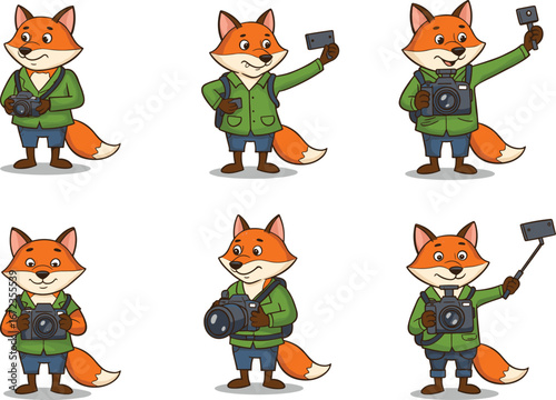 PrintCute fox cartoon photographer holding camera and selfie stick in various poses with green jacket and backpack vector illustration.