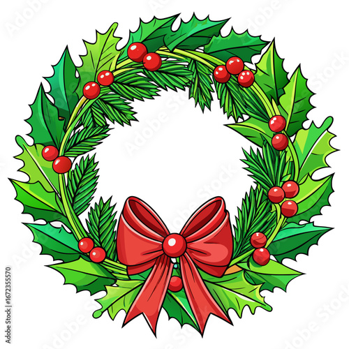 Christmas wreath with holly berries and red bow isolated on white background isolated on transparent background