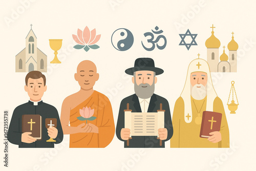 Flat Vector Illustration of World Religions with Leaders and Cultural Symbols