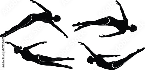 Dynamic silhouettes of gymnasts in graceful levitating poses capturing athleticism and flexibility