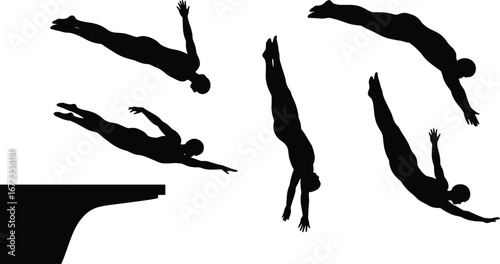 Dynamic silhouettes of divers in mid-air showing various positions and graceful movements