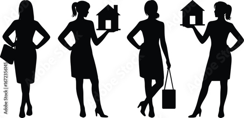 Silhouettes of women holding houses symbolizing real estate homeownership and property investment